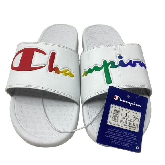 CHAMPION Super Slide Split Script White Rainbow Womens Slide Sandals 10 or 11 - Picture 9 of 10